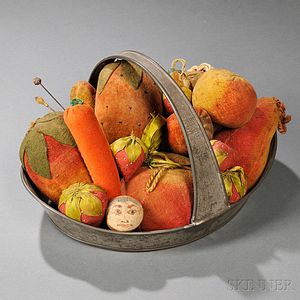 Collection of Seventeen Fruit-shaped Pincushions in Tin Handled Tray