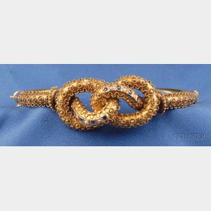 Etruscan Revival 15kt Gold and Gem-set Bangle Bracelet