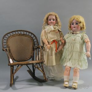 Two Large Handwerck Halbig Bisque Head Dolls and a Chair