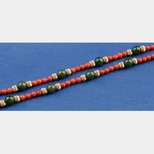 14kt Gold, Coral, and Nephrite Bead Necklace