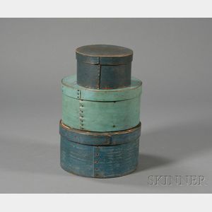 Three Round Wooden Blue-painted Lapped-seam Covered Pantry Boxes