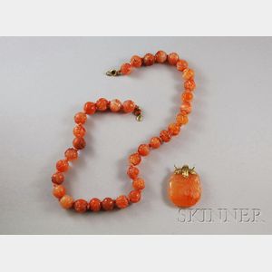 14kt Gold and Carved Carnelian Beaded Necklace and Pendant