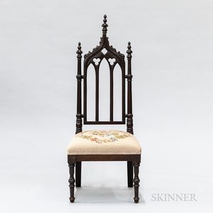 Gothic Revival Carved and Needlepoint-upholstered Mahogany Child's Chair