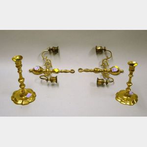 Pair of Brass Candlesticks and a Pair of Brass Candle Wall Sconces.
