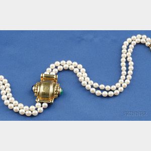 18kt Gold, Cultured Pearl, and Gem-set Necklace