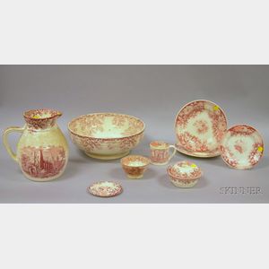Nine Pieces of Red and White Transfer Decorated Ceramic Tableware