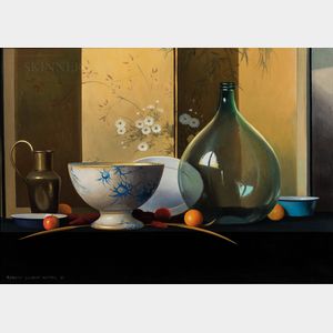 Robert Douglas Hunter (American, 1928-2014) Grand Still Life with Green Glass Bottle and Japanese Screen