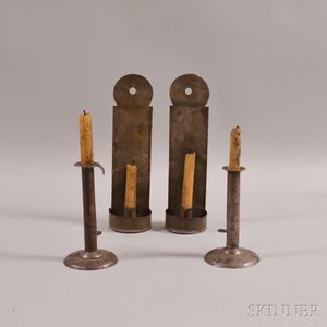 Pair of Sheet Iron Hogscraper Candlesticks and a Pair of Tin Hanging Wall Sconces