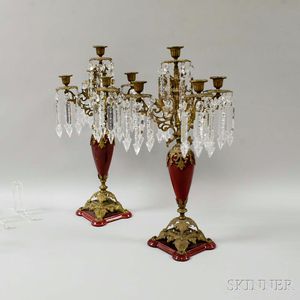 Pair of Gilt-brass and Porcelain Five-light Candelabra