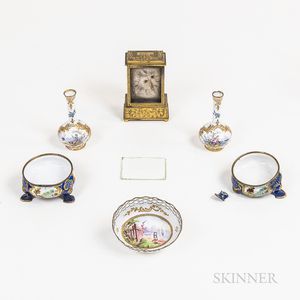 Five Pieces of Viennese Enameled Copper Tableware and a Carriage Clock
