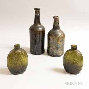Two Olive Glass Flasks and Two Amber Glass Bottles