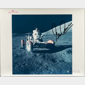 Apollo 17, Eugene Cernan Piloting the Lunar Roving Vehicle on the Lunar Surface, Signed Photograph.