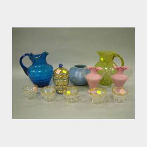 Pair of Pink Satin Glass Vases, a Blue Glazed Pottery Vase, Blue Thumbprint Glass Pitcher and Six Pieces of Glassware.