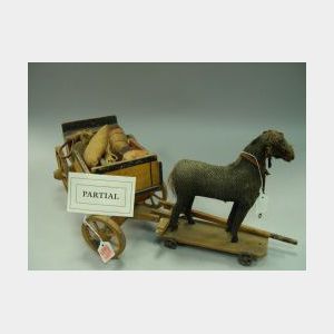 Four Hide and Cloth Horse Pull Toys with Painted Wooden Wagons and Carts