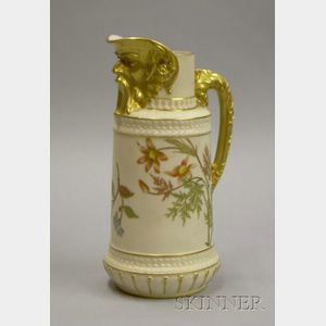 Royal Worcester Gilt and Hand-painted Porcelain Ewer with Grotesque Spout.