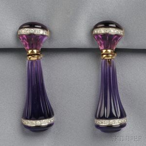 14kt Gold, Carved Amethyst, and Diamond Earpendants