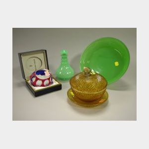 Jade Green Glass Bowl and Perfume, Amber Covered Bowl and a Baccarat Paperweight.