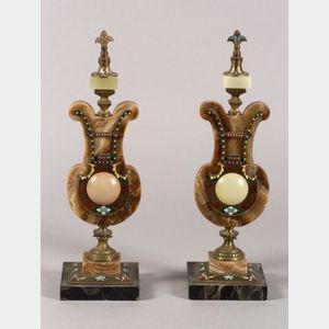 Pair of Lyre-form Onyx and Cloisonne Enamel Mantel Ornaments