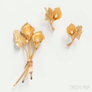 18kt Gold and Pearl Lily Brooch and Earclips