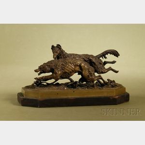Russian Patinated Bronze Group of a Wolfhound Pursuing a Wolf