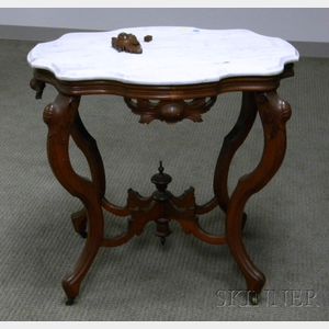 Victorian White Marble Turtle-top Carved Walnut Occasional Table.
