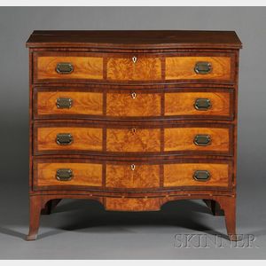 Rare Federal Flame Birch and Mahogany Veneer Reverse Serpentine Chest of Drawers