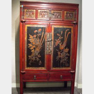 Asian Cabinet with Inset Carved Panels.