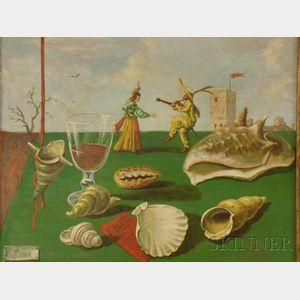 Framed 20th Century American School Oil on Masonite Surrealist Still Life with Shells