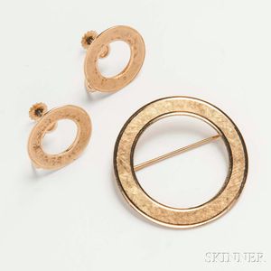 14kt Gold Circle Brooch and Earclips