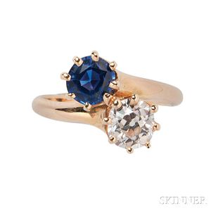 Antique Gold, Sapphire, and Diamond Bypass Ring