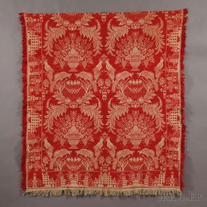 Woven Red and White Tied-Beiderwand Coverlet with "Bostontown" Border