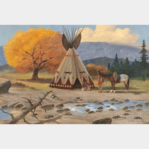 Charles Damrow (American, 1916-1989) Landscape with Teepee and Native American Indians