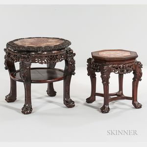 Two Rose-colored Marble-top Hardwood Stands