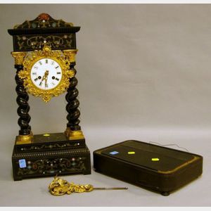 French Black Lacquer Boulle Portico Mantel Clock