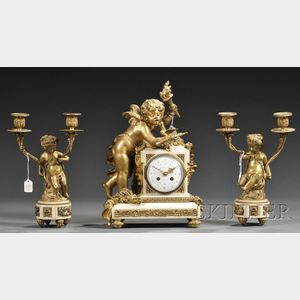 Assembled Gilt-bronze and Alabaster Three-piece Clock Garniture