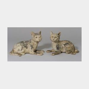Near Pair of Primitive Papier-mache Figures of Recumbent Cats
