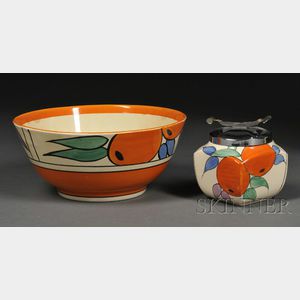Clarice Cliff Bizarre Ware Oranges Pattern Fruit Bowl and Covered Sugar