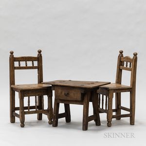 Two Early Spanish Carved Pine Chairs and a One-drawer Stand