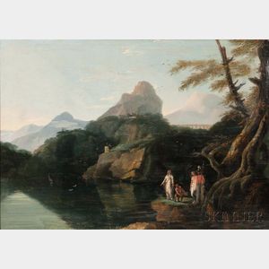 Attributed to/School of William Hodges (British, 1744-1797),Italianate Landscape with Mountains, River, Ruins, and Foreground Allegori