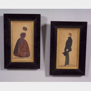 American School, 19th Century Pair of Miniature Full-Length Portraits of a Gentleman and a Woman.