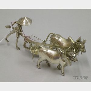 .800 Silver Figure of an Asian Farmer with Two Water Buffalo
