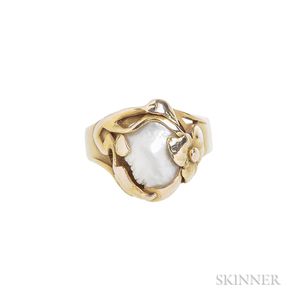 Arts and Crafts 14kt Gold and Freshwater Pearl Ring, Kalo
