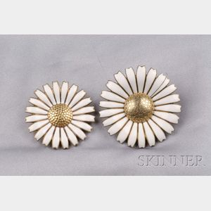 Two Gilt Sterling Silver and Enamel Daisy Brooches, Georg Jensen