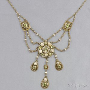 Antique Silver-gilt, Peridot, and Seed Pearl Necklace