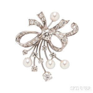 Platinum, Cultured Pearl, and Diamond Bow Pendant/Brooch
