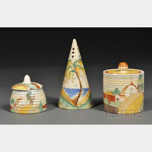 Clarice Cliff Pottery Sugar Sifter and Two Honey Pots