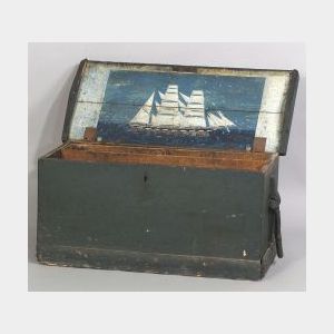 Painted Pine Sea Chest with Ship Motif