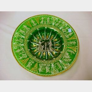 Classical Revival Enamel Decorated and Printed Green Glass Charger.