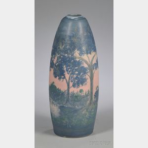 Ephraim Faience Pottery Vellum-style Landscape-decorated Vase