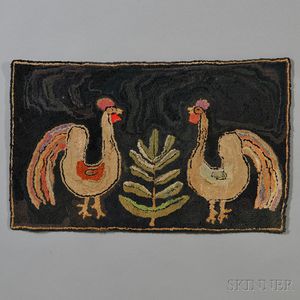 Figural Hooked Rug with Two Roosters